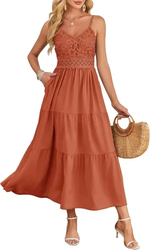 Dokuritu Women's Beach Crochet Lace Maxi Dress Solid Color Summer Vacation Spaghetti Strap Long Dress 2024