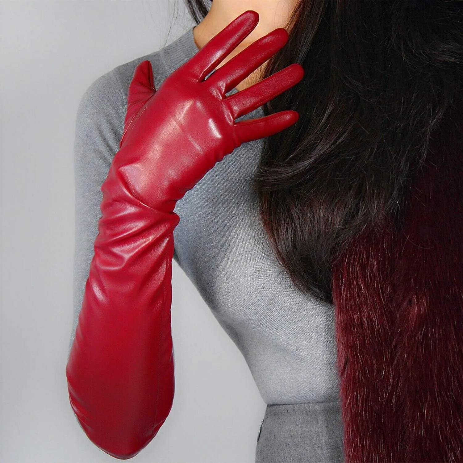 DooWay Women Long Gloves Faux Leather Over Elbow Length 20-inch PU Winter Warm Full Finger Gloves