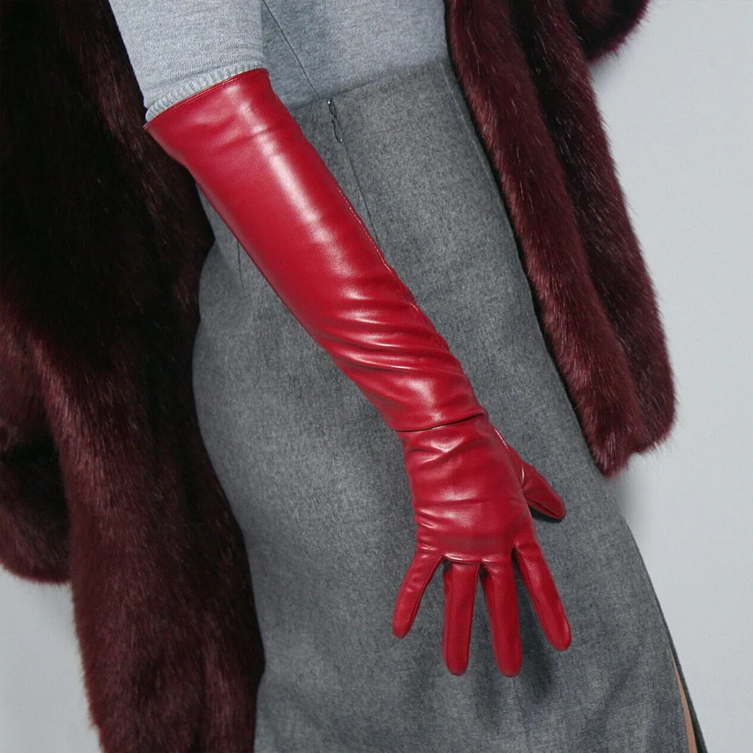 DooWay Women Long Gloves Faux Leather Over Elbow Length 20-inch PU Winter Warm Full Finger Gloves