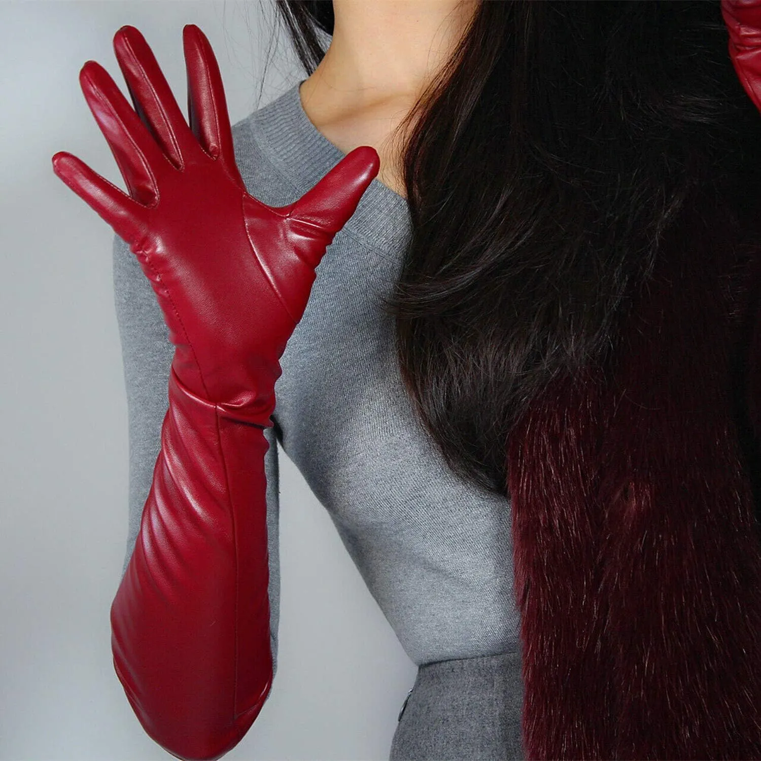 DooWay Women Long Gloves Faux Leather Over Elbow Length 20-inch PU Winter Warm Full Finger Gloves