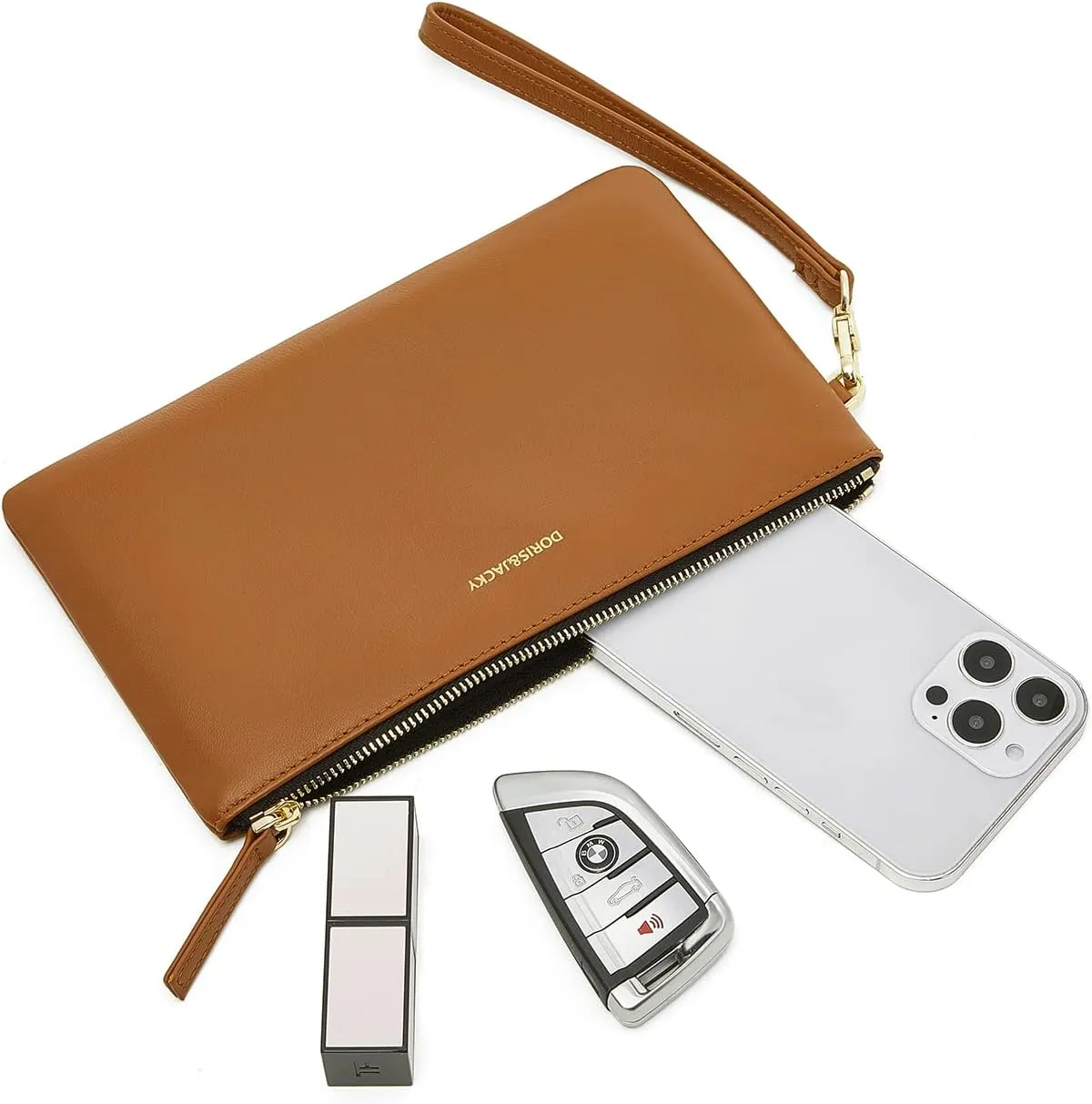 DORIS&JACKY Goatskin Leather Wristlet Clutch Wallet Cute Small Pouch Bag With Strap