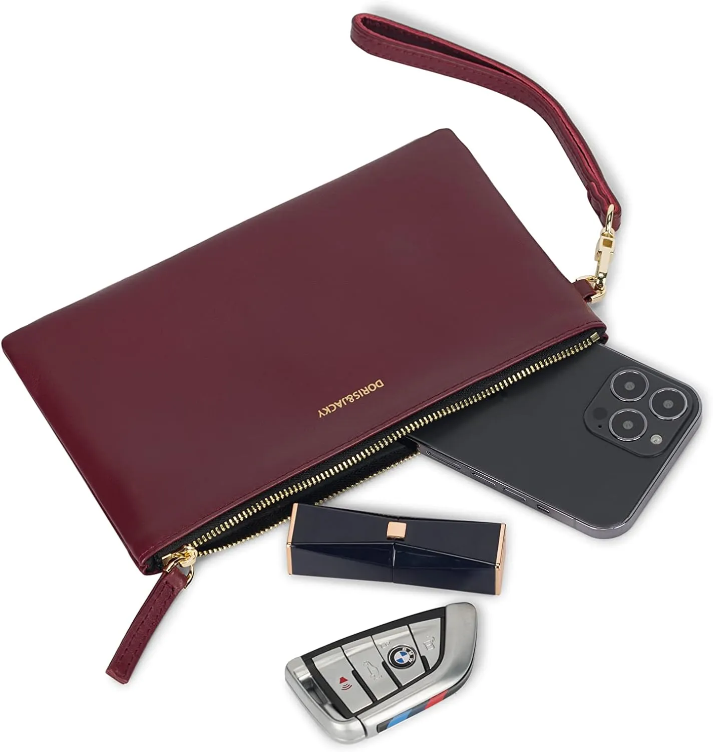 DORIS&JACKY Goatskin Leather Wristlet Clutch Wallet Cute Small Pouch Bag With Strap