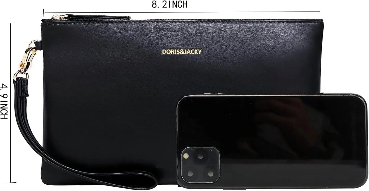 DORIS&JACKY Goatskin Leather Wristlet Clutch Wallet Cute Small Pouch Bag With Strap
