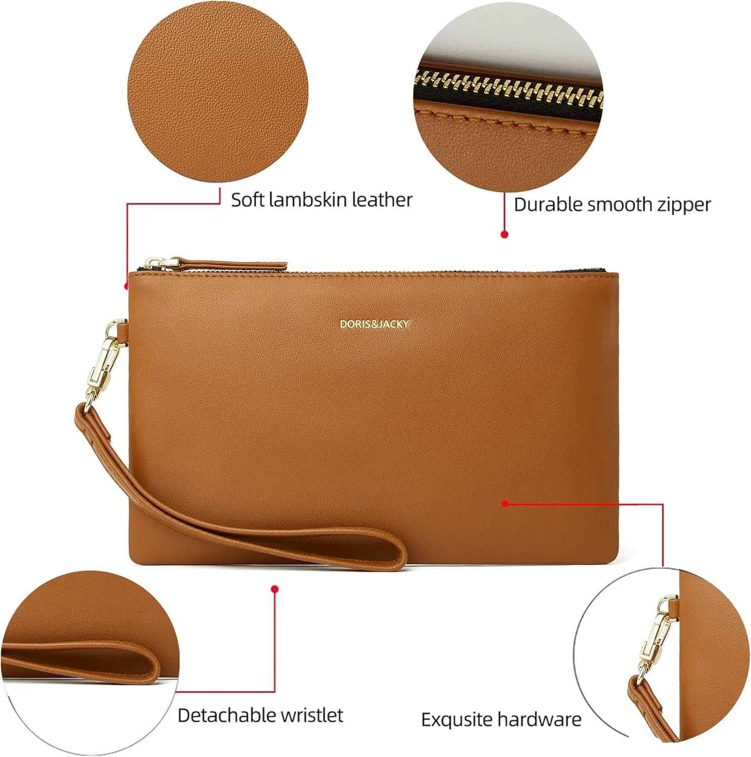 DORIS&JACKY Goatskin Leather Wristlet Clutch Wallet Cute Small Pouch Bag With Strap