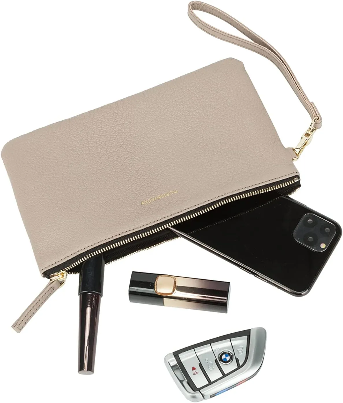 DORIS&JACKY Goatskin Leather Wristlet Clutch Wallet Cute Small Pouch Bag With Strap