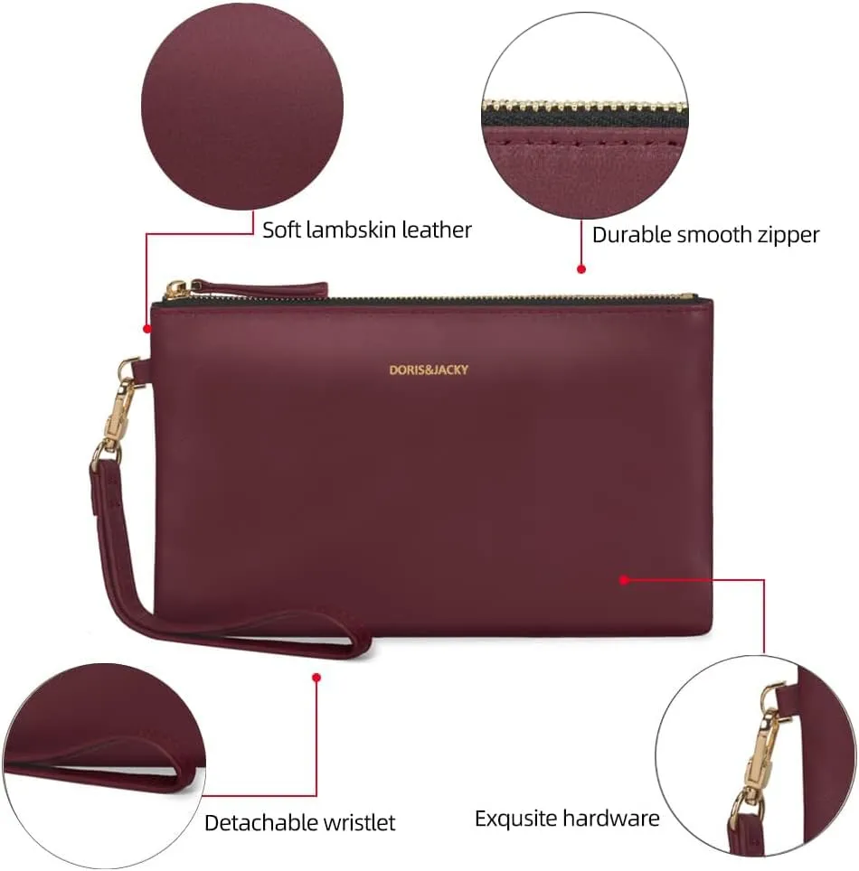 DORIS&JACKY Goatskin Leather Wristlet Clutch Wallet Cute Small Pouch Bag With Strap
