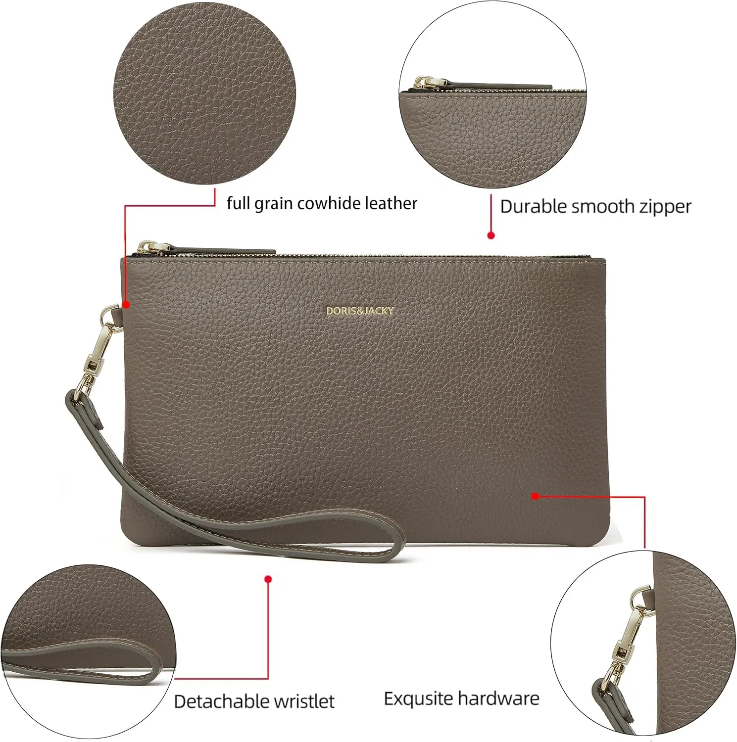 DORIS&JACKY Small Leather Wristlet Clutch Purse for Women Slim Designer Wallet and Cellphone Pouch Bag With Detachable Strap