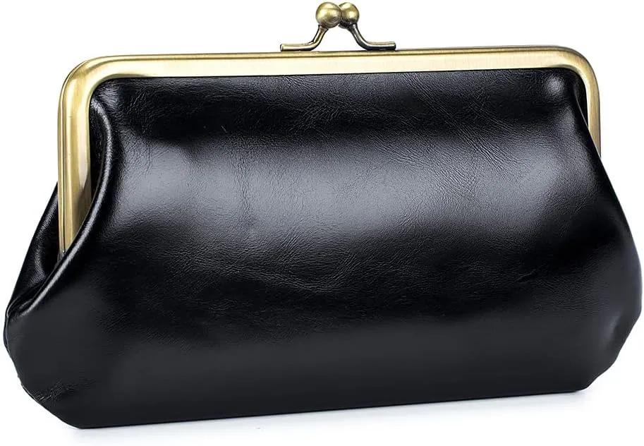 DORIS&JACKY Vintage Leather Clutch Purses for Women Small Evening Bag With Kiss Lock