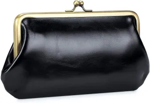 DORIS&JACKY Vintage Leather Clutch Purses for Women Small Evening Bag With Kiss Lock