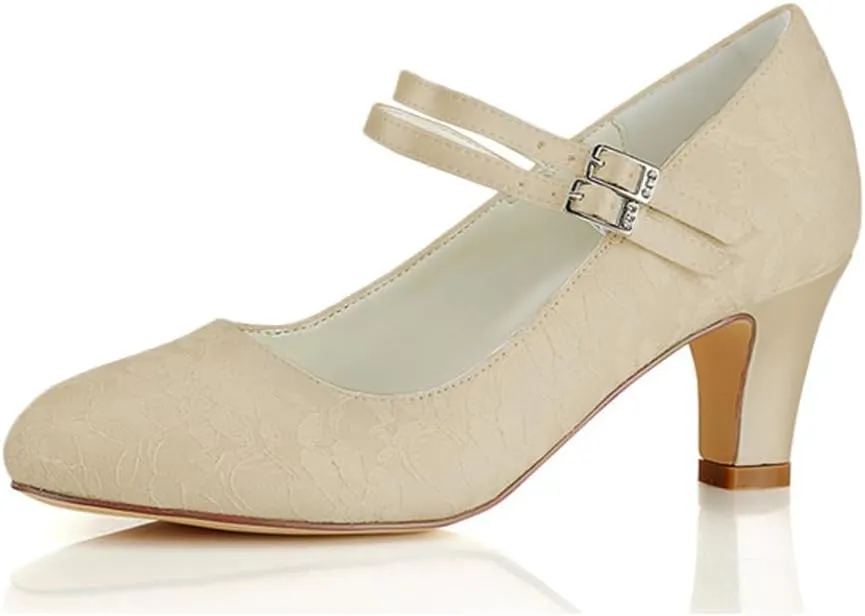 Dress First Wedding Shoes for Bride Lace Satin High Heel Closed Toe Women Pumps Junior Bridesmaid Shoes Vintage Buckle Shoes