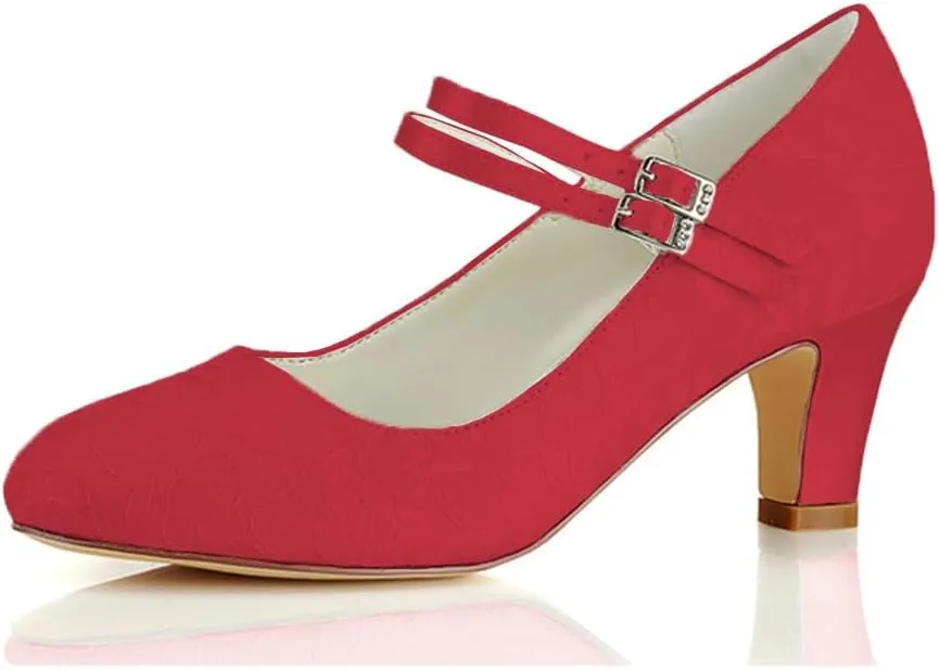Dress First Wedding Shoes for Bride Lace Satin High Heel Closed Toe Women Pumps Junior Bridesmaid Shoes Vintage Buckle Shoes