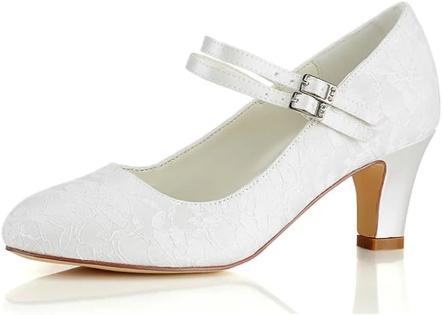 Dress First Wedding Shoes for Bride Lace Satin High Heel Closed Toe Women Pumps Junior Bridesmaid Shoes Vintage Buckle Shoes
