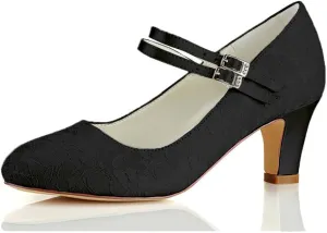 Dress First Wedding Shoes for Bride Lace Satin High Heel Closed Toe Women Pumps Junior Bridesmaid Shoes Vintage Buckle Shoes