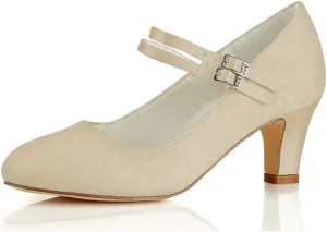 Dress First Wedding Shoes for Bride Lace Satin High Heel Closed Toe Women Pumps Junior Bridesmaid Shoes Vintage Buckle Shoes