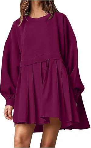 Dresses for Women 2024 Casual Fall Long Sleeve Patchwork Sweatshirt Dress Loose Flowy Swing Mini Dress Preppy Clothes