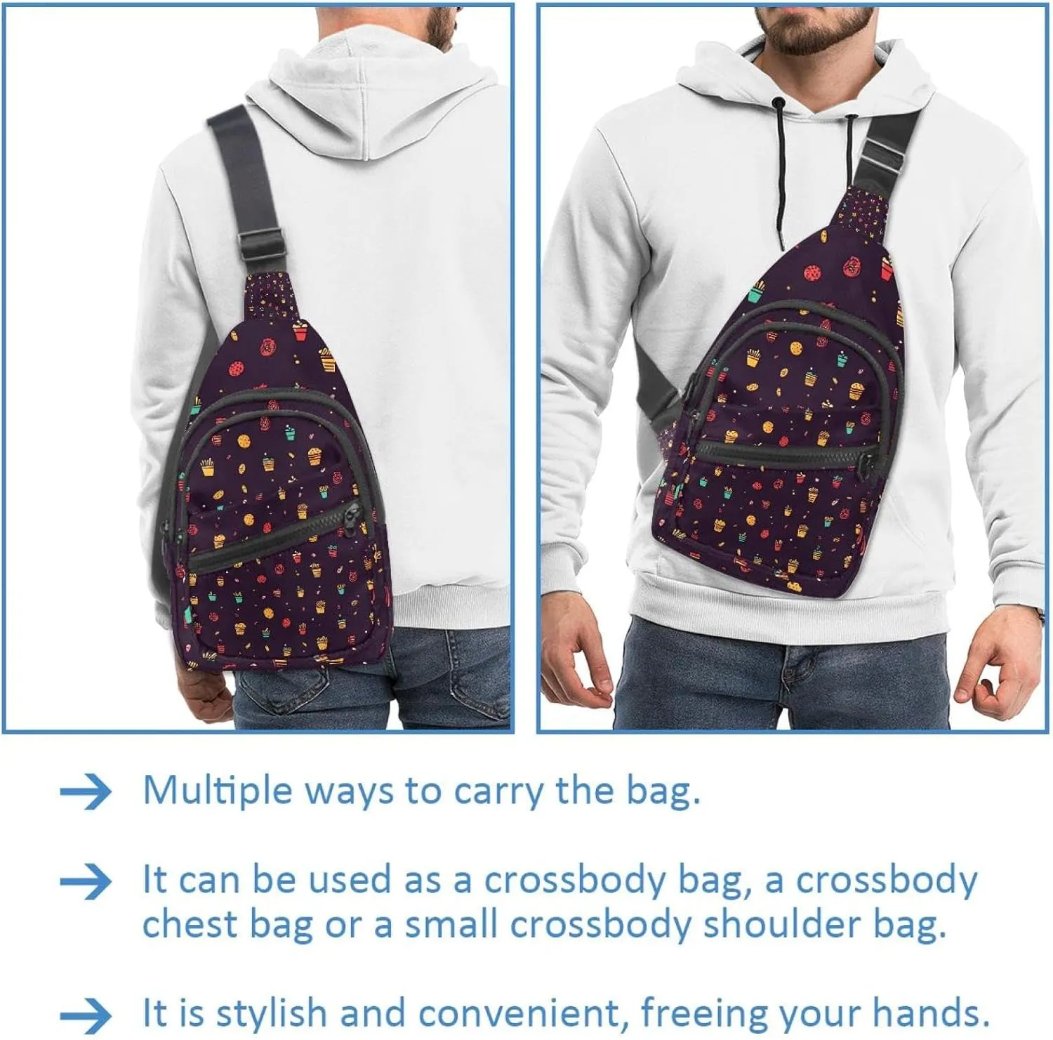 Drink ice cream gamburger hot dog pita t (2) Sling Bag, Crossbody Sling Backpack Travel Hiking Chest Bag Daypack for Purses Shoulder Bag Women Men's