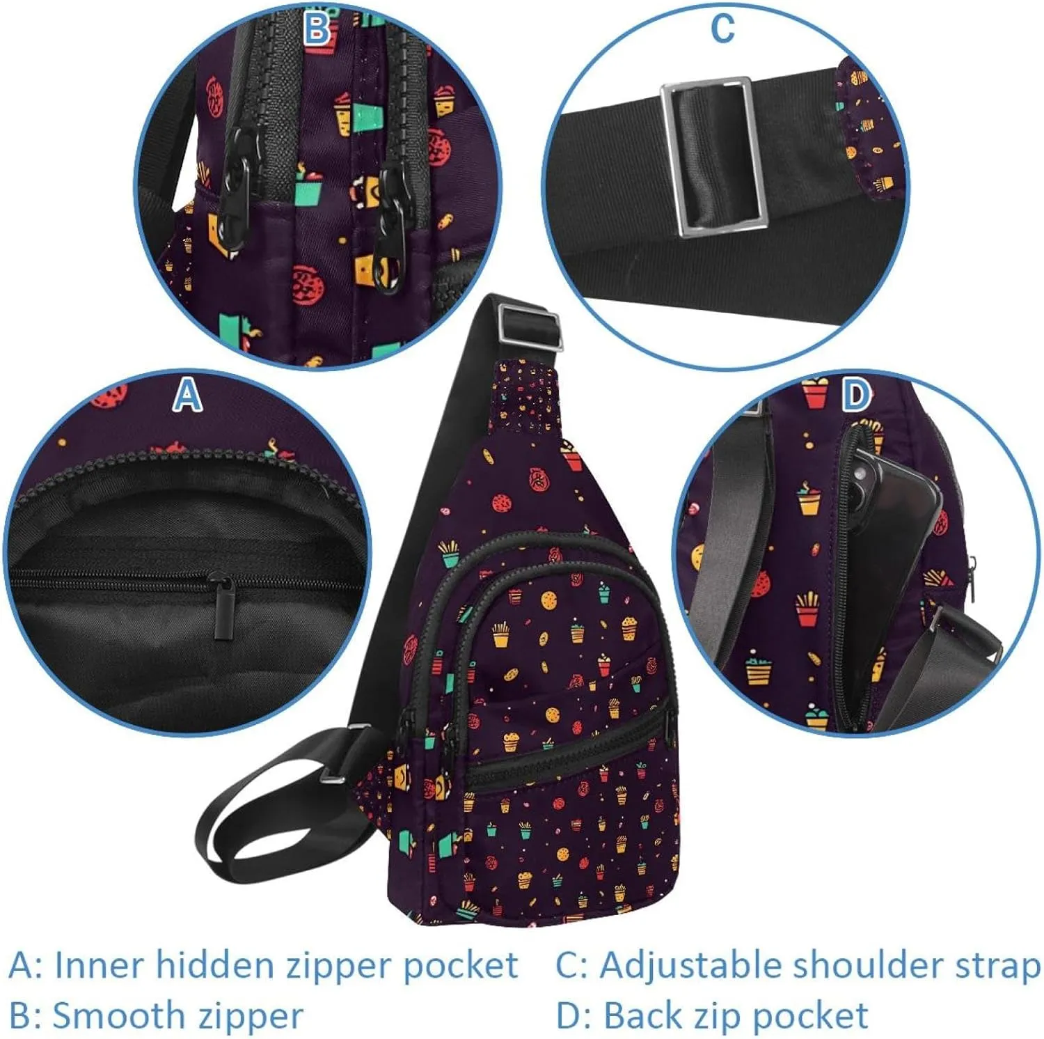 Drink ice cream gamburger hot dog pita t (2) Sling Bag, Crossbody Sling Backpack Travel Hiking Chest Bag Daypack for Purses Shoulder Bag Women Men's