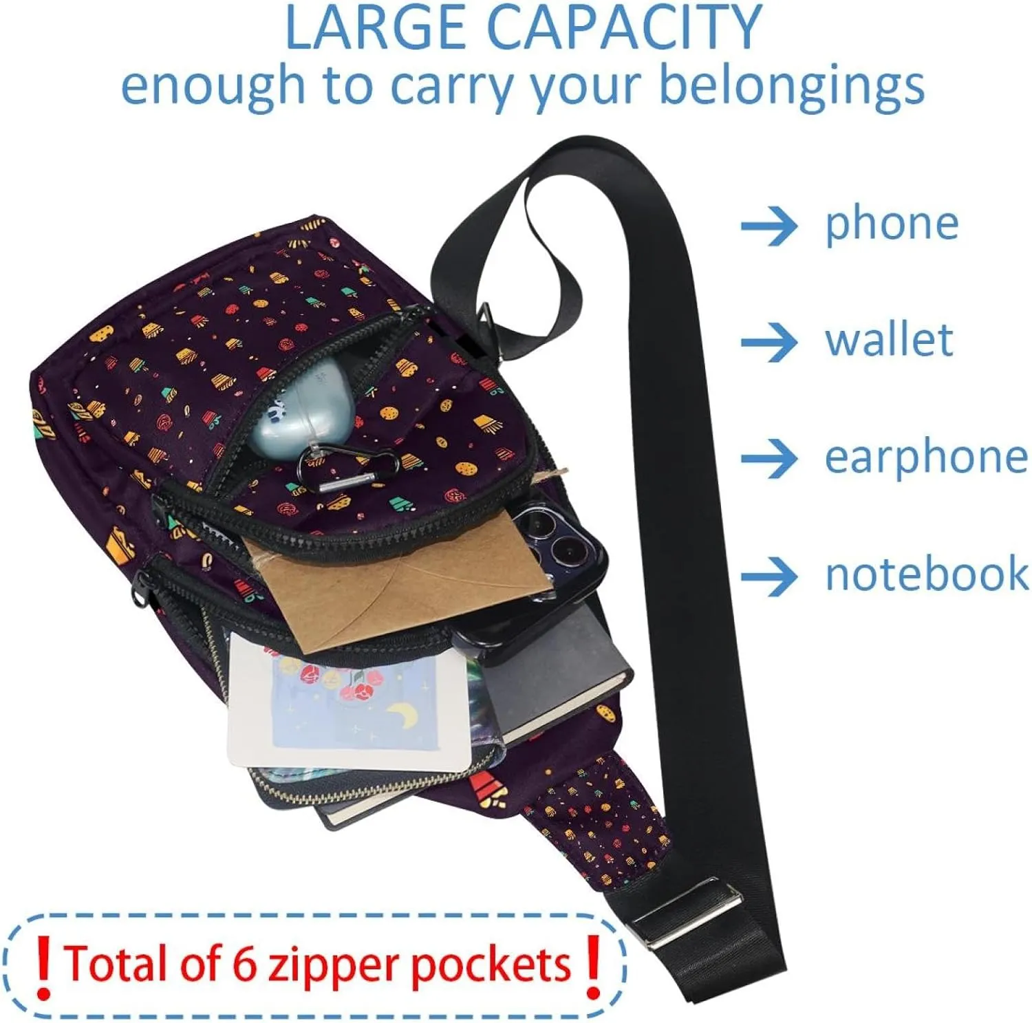 Drink ice cream gamburger hot dog pita t (2) Sling Bag, Crossbody Sling Backpack Travel Hiking Chest Bag Daypack for Purses Shoulder Bag Women Men's