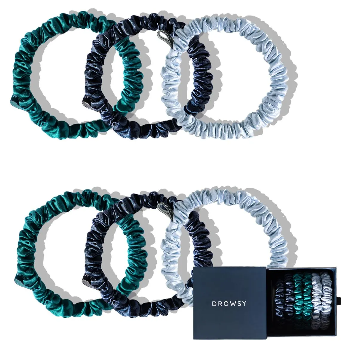 Drowsy Luxury Skinny Silk Scrunchies - Small Mulberry Silk Hair Scrunchies, No Damage Hair Ties to Protect Hair Health & Maintain Moisture - All Hair Types - Pack of 6 (Blue & Green Shades)