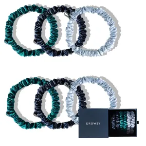 Drowsy Luxury Skinny Silk Scrunchies - Small Mulberry Silk Hair Scrunchies, No Damage Hair Ties to Protect Hair Health & Maintain Moisture - All Hair Types - Pack of 6 (Blue & Green Shades)
