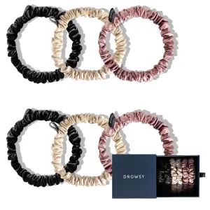 Drowsy Luxury Skinny Silk Scrunchies - Small Mulberry Silk Hair Scrunchies, No Damage Hair Ties to Protect Hair Health & Maintain Moisture - All Hair Types - Pack of 6 (Rose, Gold & Black)