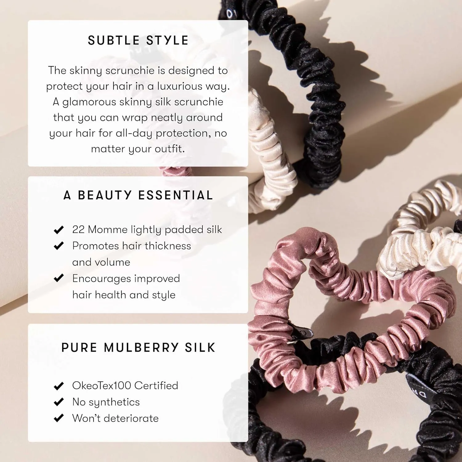 Drowsy Luxury Skinny Silk Scrunchies - Small Mulberry Silk Hair Scrunchies, No Damage Hair Ties to Protect Hair Health & Maintain Moisture - All Hair Types - Pack of 6 (Rose, Gold & Black)