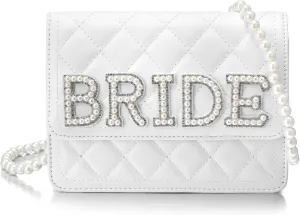 Eccliy Bride White Leather Bag with Pearl Chain Bride Clutch Purses for Weddings Engagement Bridal Shower Party, Glitter Pearl Handbag