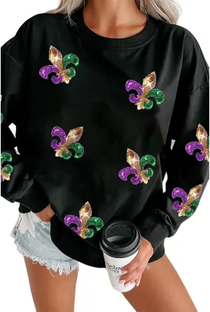 Ecosunny Women's Casual Holiday Mardi Gras Sweatshirt Sequin Print Round Neck Long Sleeve Loose Pullover Tops
