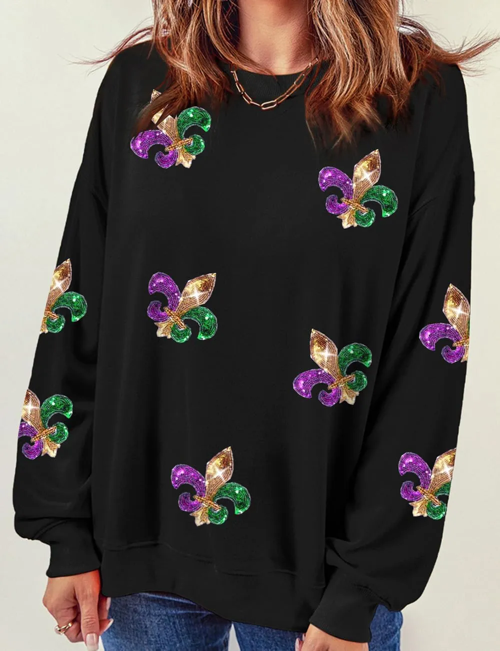 Ecosunny Women's Casual Holiday Mardi Gras Sweatshirt Sequin Print Round Neck Long Sleeve Loose Pullover Tops