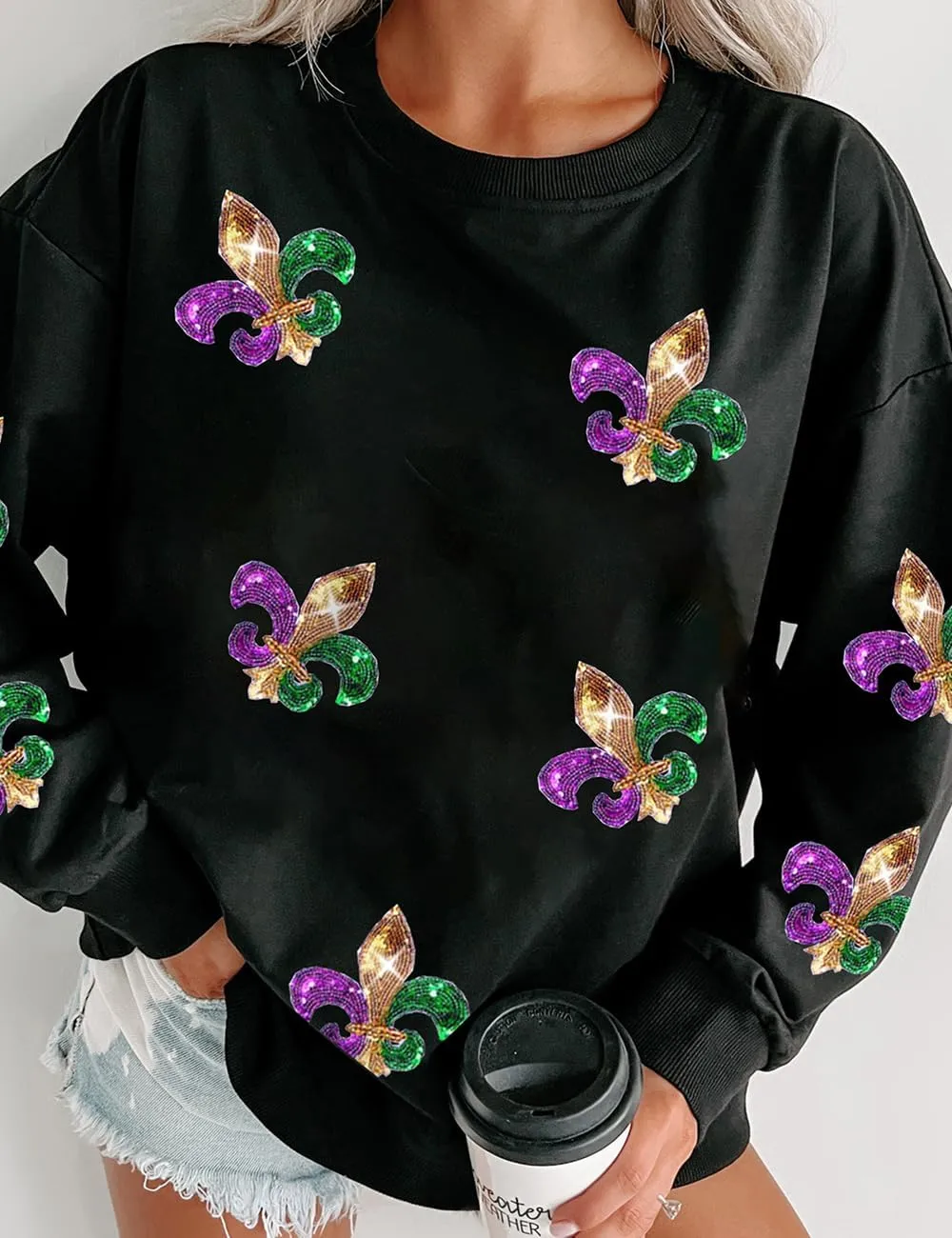 Ecosunny Women's Casual Holiday Mardi Gras Sweatshirt Sequin Print Round Neck Long Sleeve Loose Pullover Tops