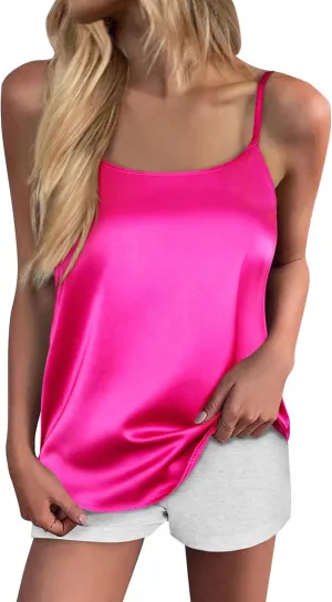 Ekouaer Silk Camisole Tops for Women Spaghetti Strap Tank Top Satin Cami Tops Crew Neck Silky Camis Basic Blose Shirts-XXL