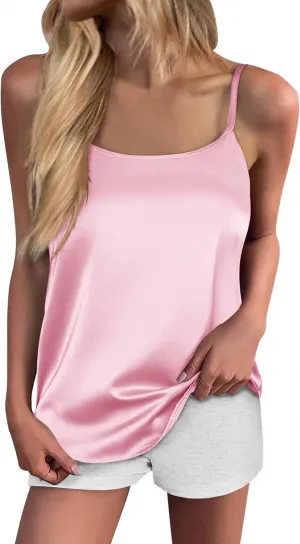 Ekouaer Silk Camisole Tops for Women Spaghetti Strap Tank Top Satin Cami Tops Crew Neck Silky Camis Basic Blose Shirts-XXL