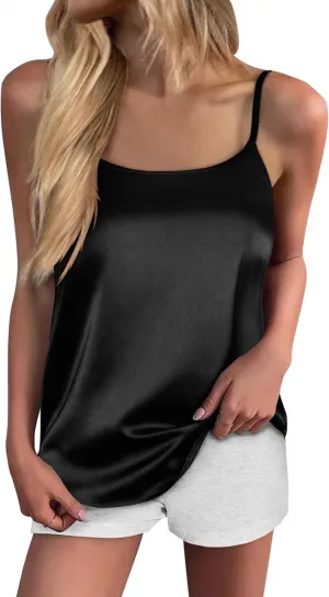 Ekouaer Silk Camisole Tops for Women Spaghetti Strap Tank Top Satin Cami Tops Crew Neck Silky Camis Basic Blose Shirts-XXL