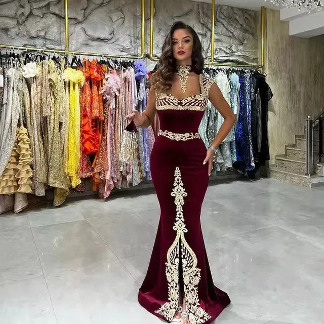Elegant Burgundy Mermaid Kaftan Evening Dress Lace Appliques Sheath Prom Gown Mid Slit Floor Length Algerian Outfit