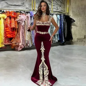 Elegant Burgundy Mermaid Kaftan Evening Dress Lace Appliques Sheath Prom Gown Mid Slit Floor Length Algerian Outfit