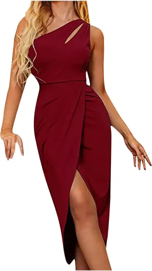 Elegant Dresses for Women One Shoulder Sleeveless Hollow Out Midi Skirts Casual Round Neck Dress Cocktail Business