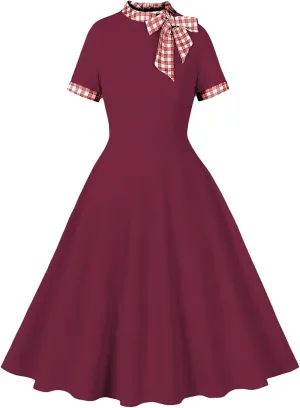 Elegant Dresses for Women Vintage Court Solid A-Line Dress Short Sleeve Plaid Lapel Maxi Skirts Working Business
