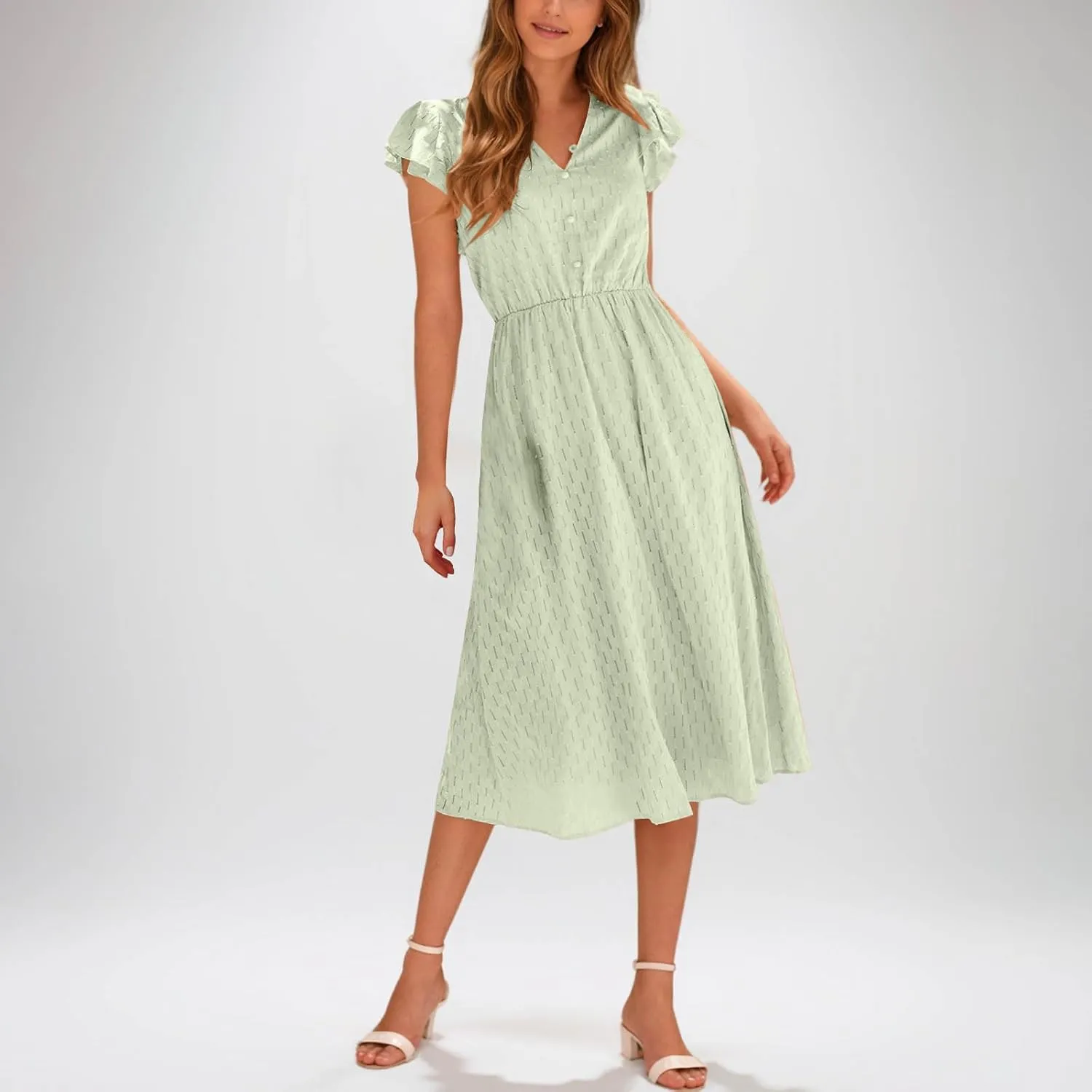 Elegant Dresses for Women Vintage Ruffle Sleeve V Neck Dress Slimming Stretch Waist Maxi Skirts Working Concert