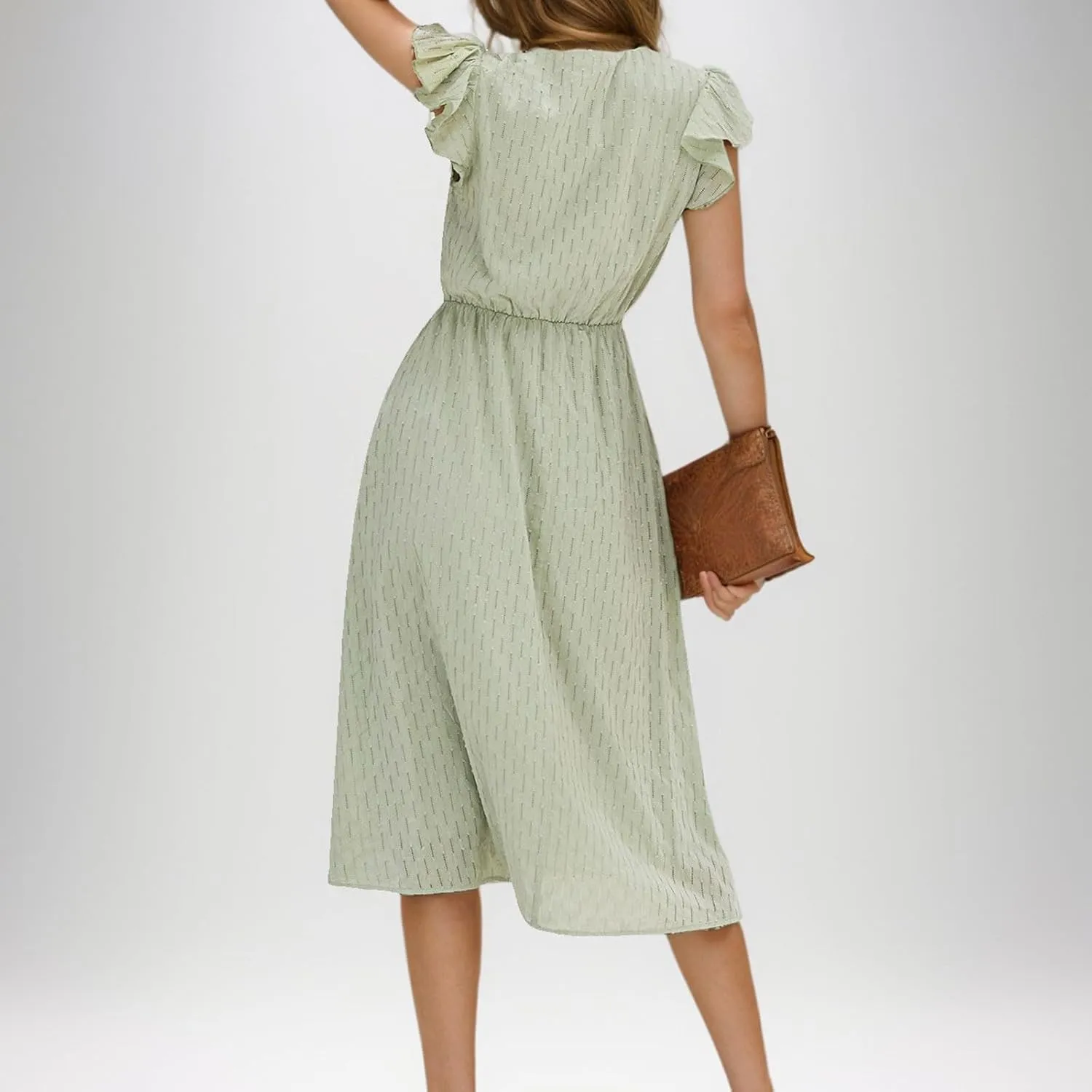 Elegant Dresses for Women Vintage Ruffle Sleeve V Neck Dress Slimming Stretch Waist Maxi Skirts Working Concert
