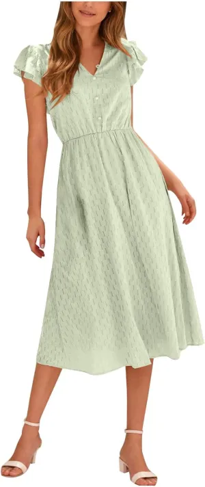 Elegant Dresses for Women Vintage Ruffle Sleeve V Neck Dress Slimming Stretch Waist Maxi Skirts Working Concert