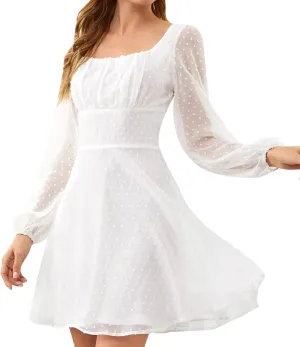 Elegant Party Night Dresses for Women 2024 Sexy Sheer Sleeve Square Neck Mini Dresses Slim Empire Waist Ruffle Dress