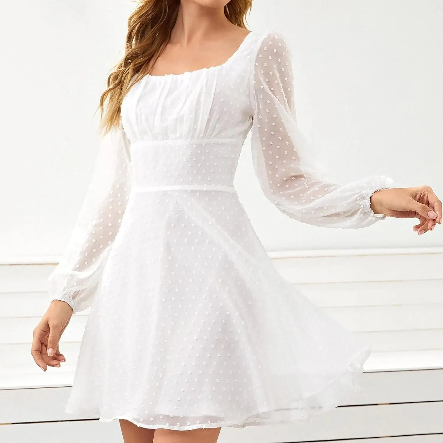Elegant Party Night Dresses for Women 2024 Sexy Sheer Sleeve Square Neck Mini Dresses Slim Empire Waist Ruffle Dress