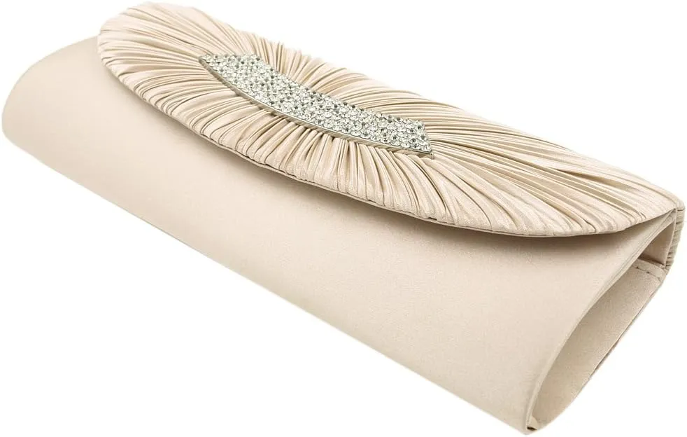 Elegant Pleated Satin Flap Crystal Clutch Evening Bag - Diff Colors Avail