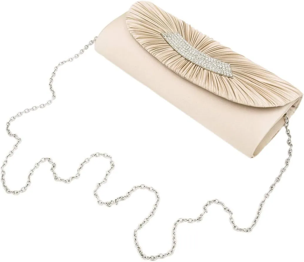 Elegant Pleated Satin Flap Crystal Clutch Evening Bag - Diff Colors Avail