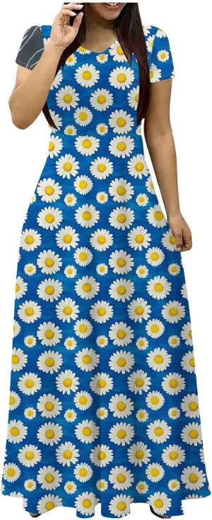 Elegant Printed Dress for Women Short Sleeve Round Neck Maxi Skirts Pockets A-line Long Dresses Prom Daily Wear