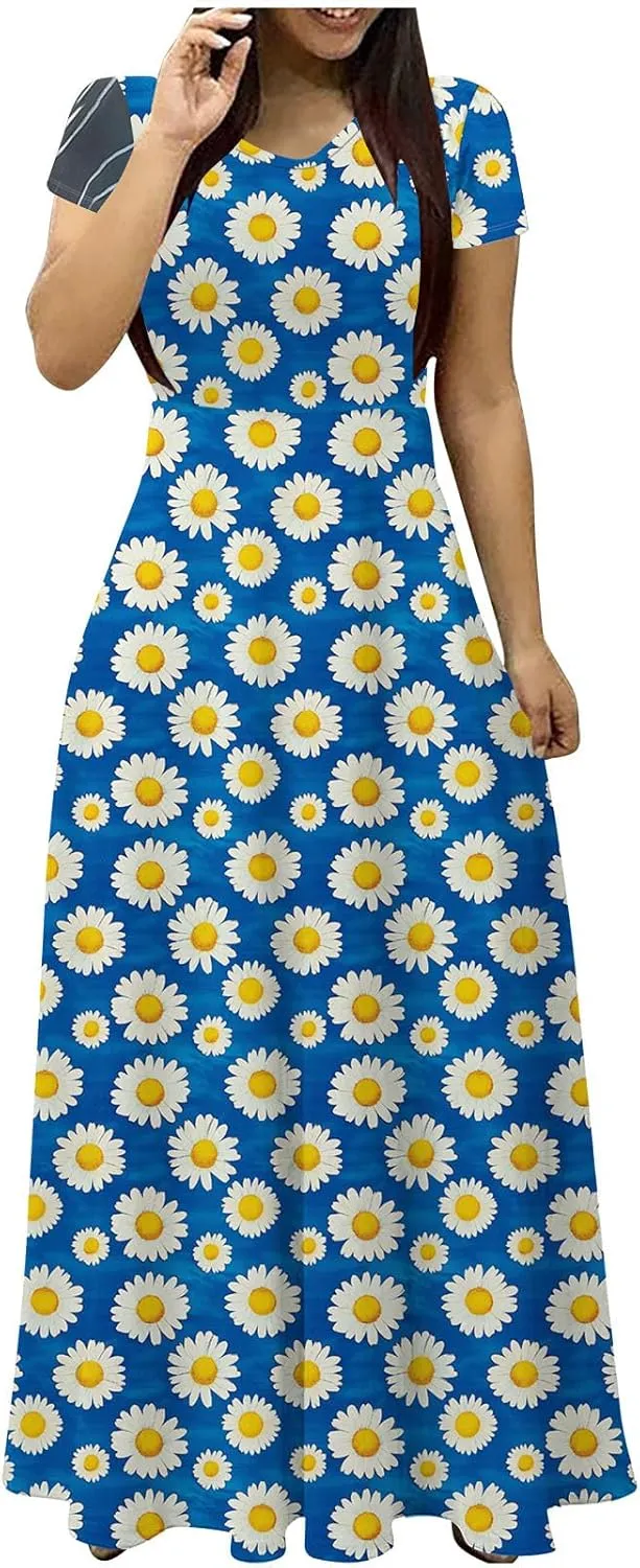 Elegant Printed Dress for Women Short Sleeve Round Neck Maxi Skirts Pockets A-line Long Dresses Prom Daily Wear