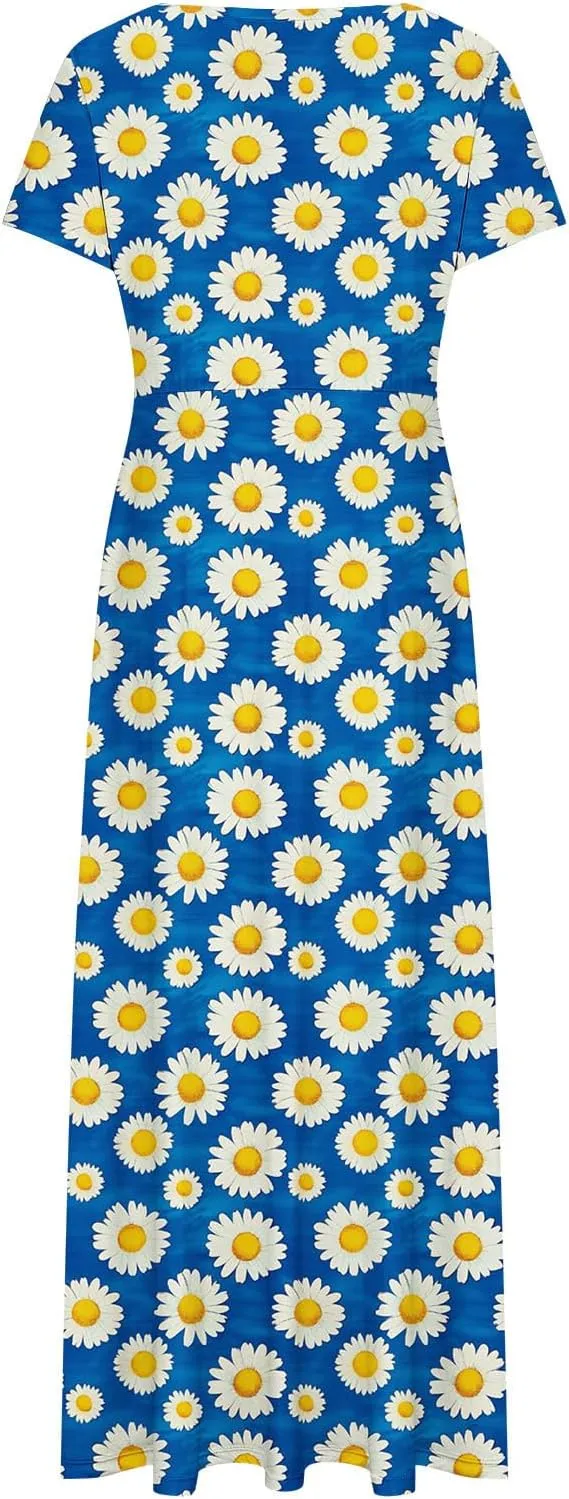 Elegant Printed Dress for Women Short Sleeve Round Neck Maxi Skirts Pockets A-line Long Dresses Prom Daily Wear