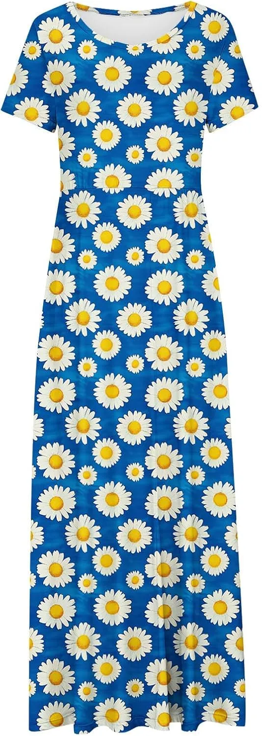 Elegant Printed Dress for Women Short Sleeve Round Neck Maxi Skirts Pockets A-line Long Dresses Prom Daily Wear