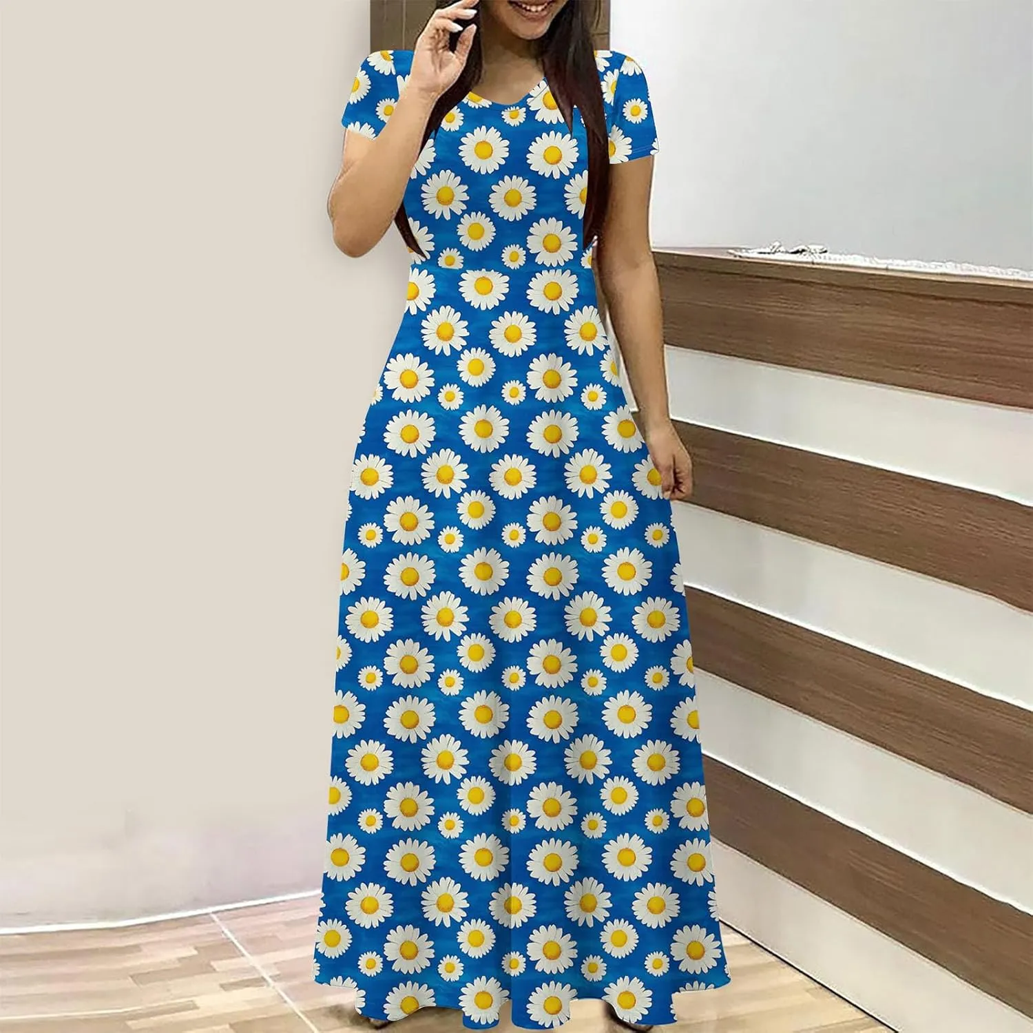 Elegant Printed Dress for Women Short Sleeve Round Neck Maxi Skirts Pockets A-line Long Dresses Prom Daily Wear