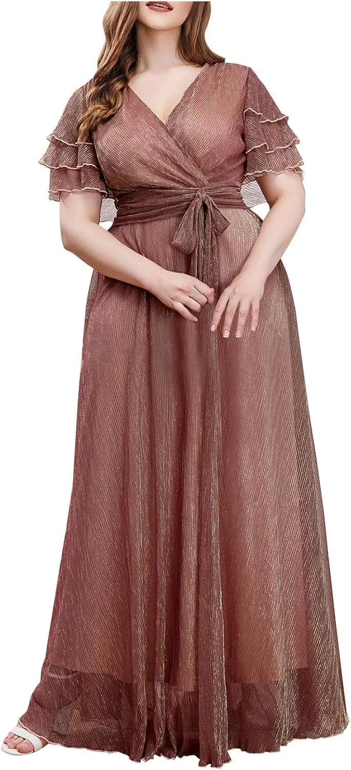 Elegant V Neck Dress for Women Fashionable Ruffle Sleeve Chiffon Midi Skirt Front Tie Wrap Comfy Dresses Prom Gowns